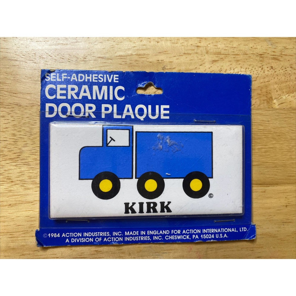 Vintage Retro Old Stock KIRK W/  Blue Truck Ceramic Door Name Plaque Wall Sign